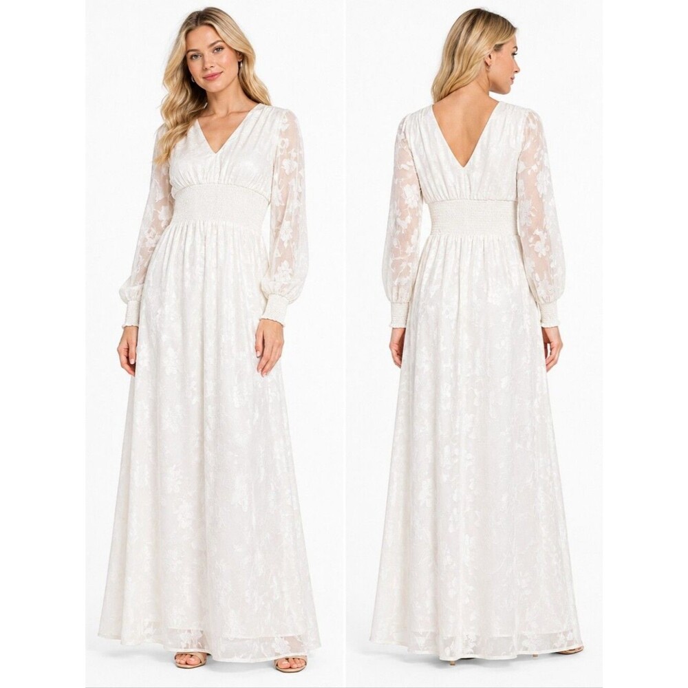 Adrianna Papell Floral Jacquard Chiffon Maxi Dress Women White Long Sleeve Size2